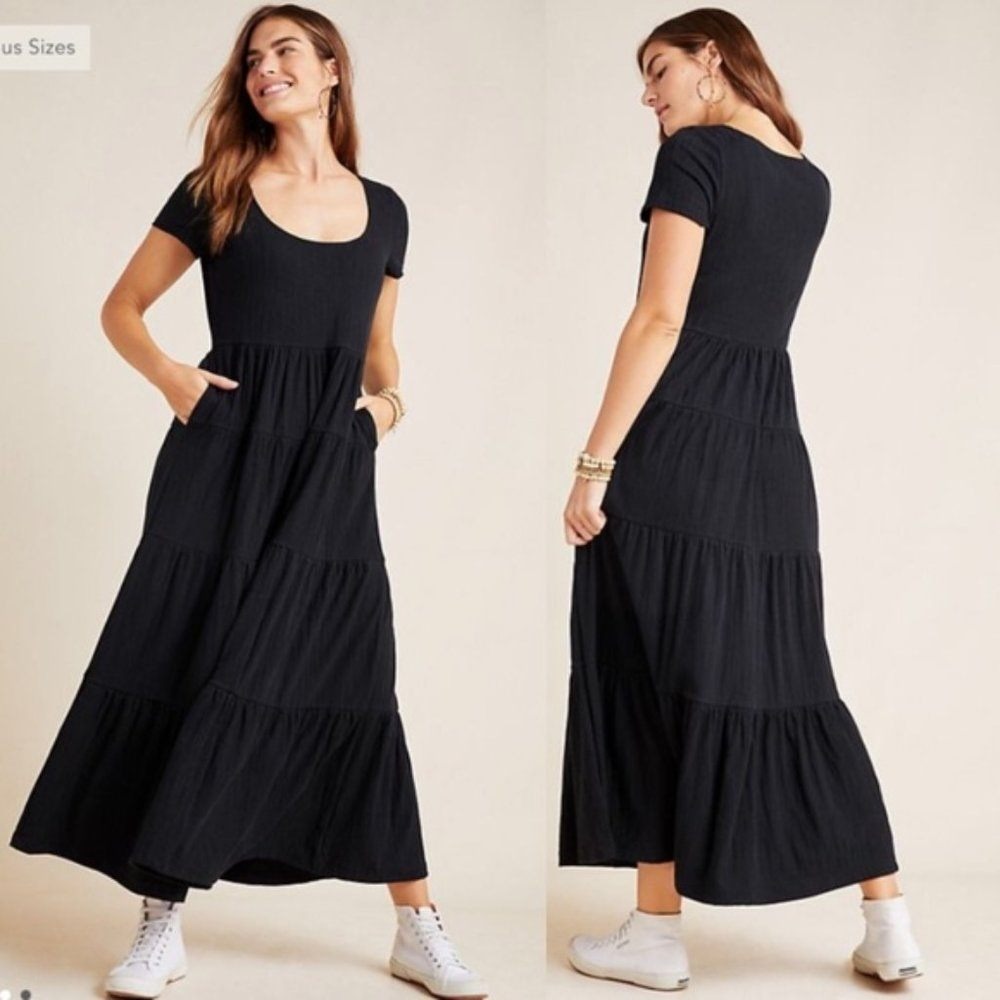 Anthropologie Maeve Gillian Tiered Maxi Dress Black Short Sleeve Pockets 2X